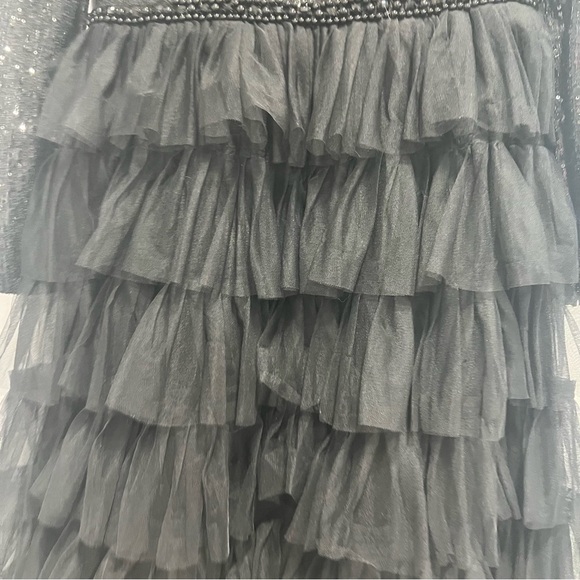 Mac Duggal Sequined Black Long Sleeve Ruffle Tiered Midi Dress - Gently Worn - Picture 10 of 16